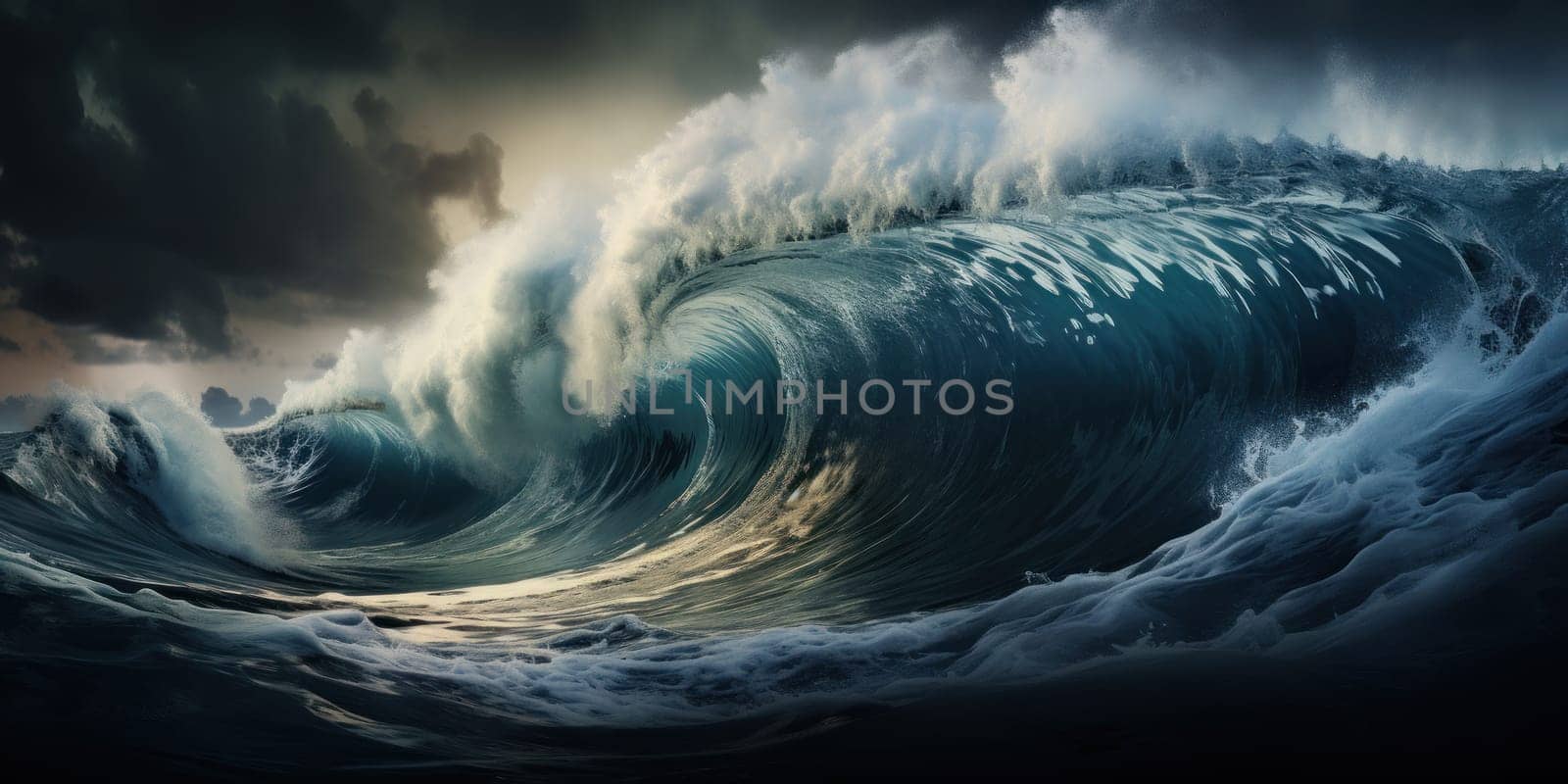 Giant tsunami waves, dark stormy sky. Perfect Storm. Huge waves Tsunami Big waves. Generative AI by golfmerrymaker