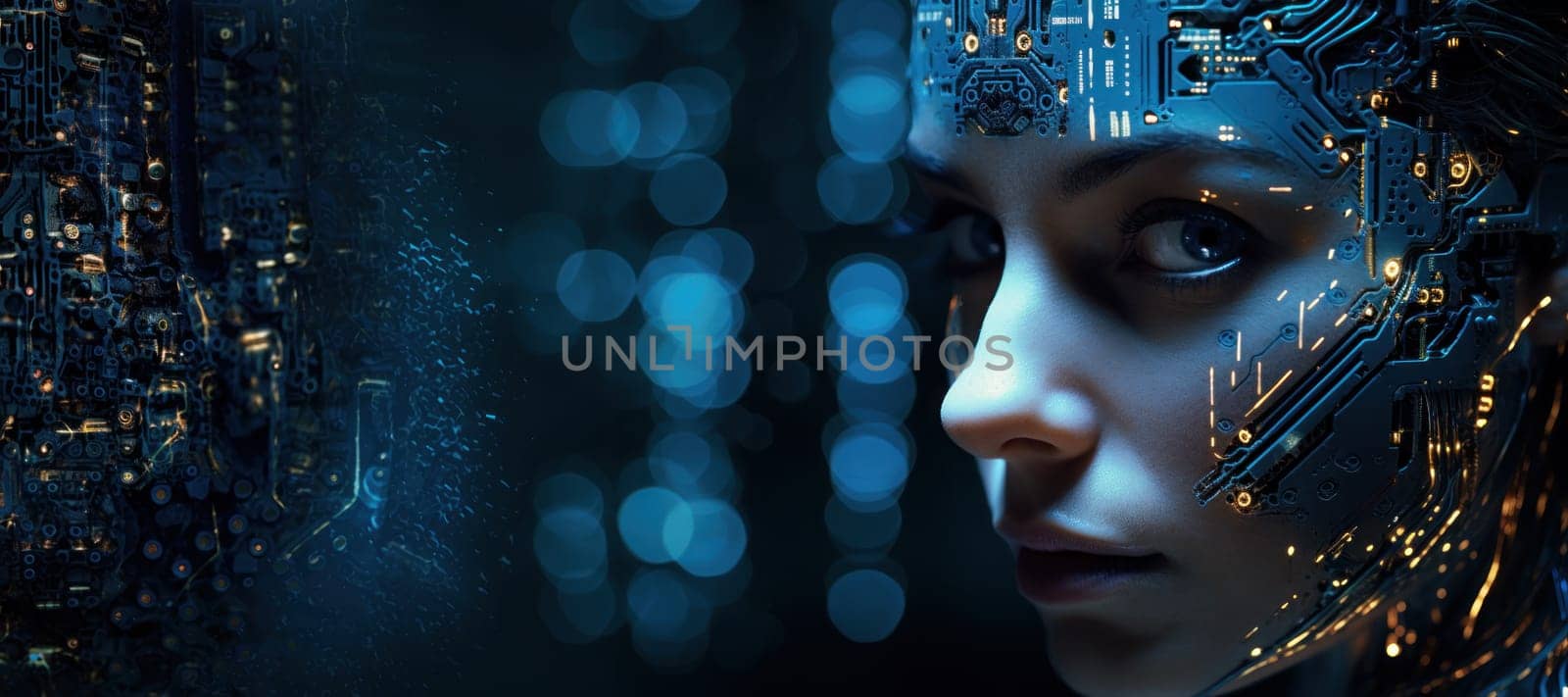 Complex detailed photograph of a cyborg face tech blur background. Generative AI.