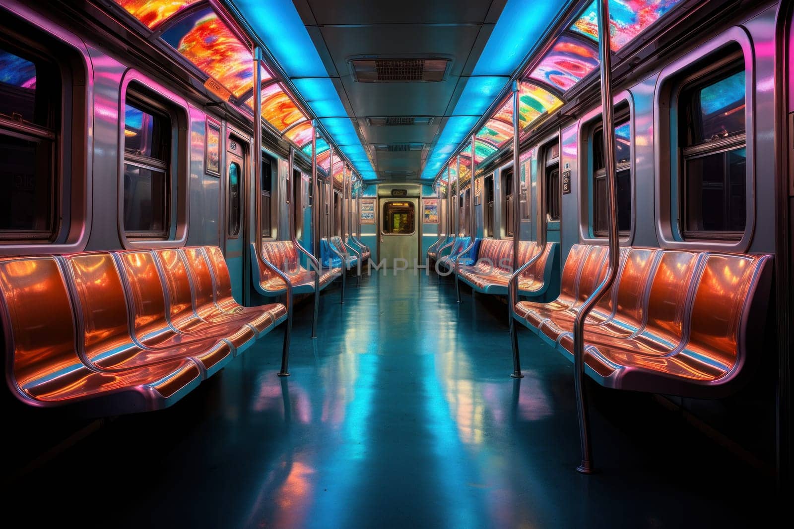 Empty seats on the subway cinematic lighting, white neon. Generative AI.