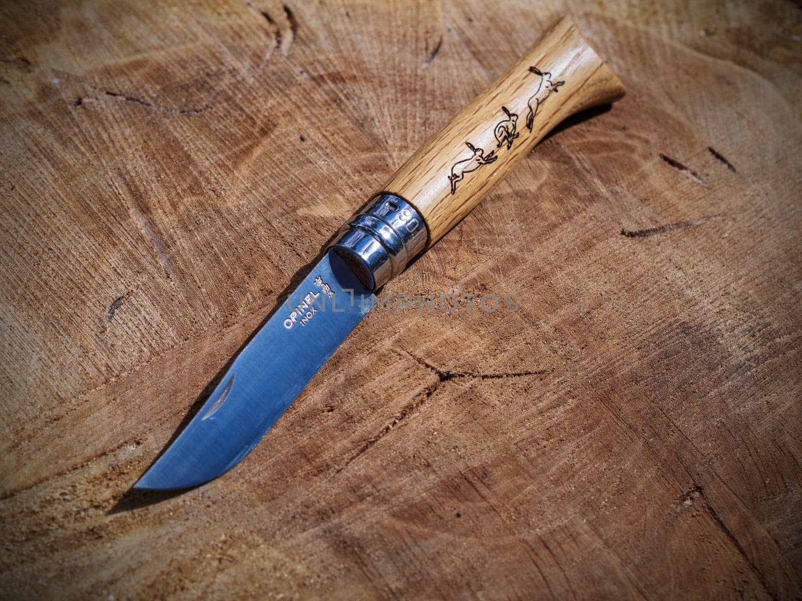 RUSSIA, VIBORG - 05.16.2020: Opinel knife. Vintage knife with a wooden handle on a stump. Tourist camping knife