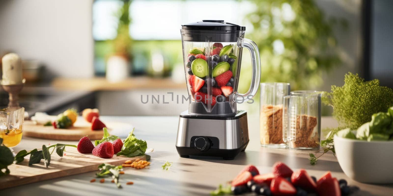 unrecognizable man hands making smoothie using kitchen blender. ai generated