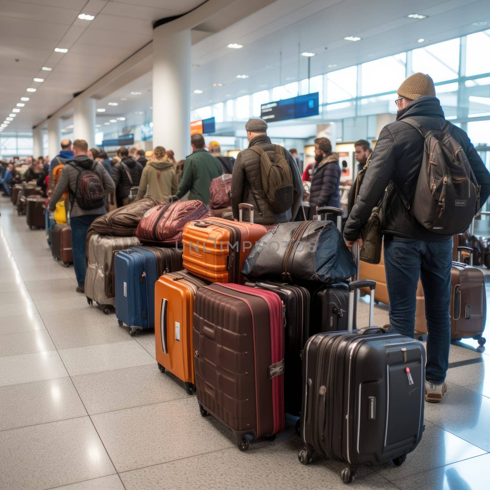 Tourists standing with luggage in queue in the airport terminal. Passengers during check-in, summer travel. ai generated