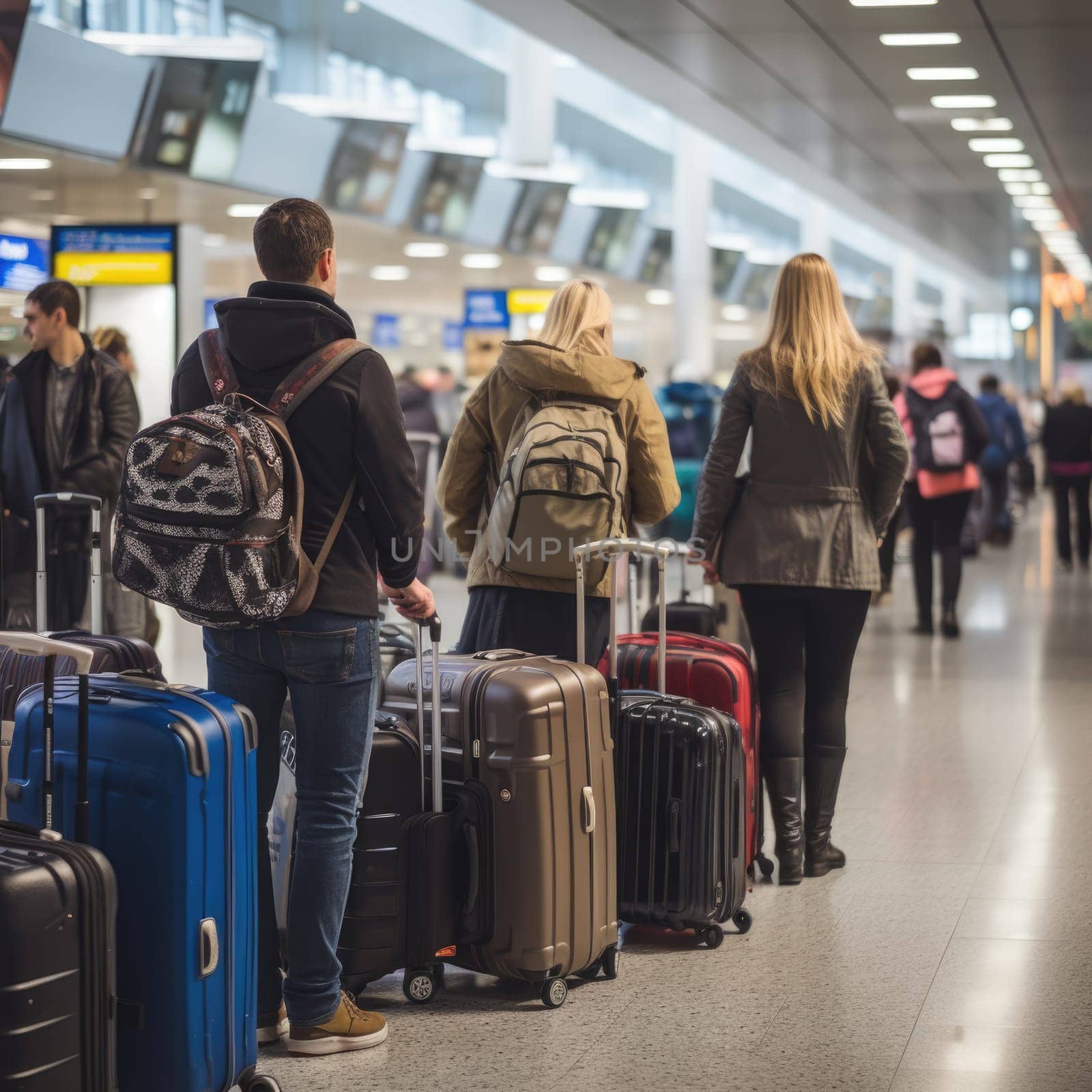 Tourists standing with luggage in queue in the airport terminal. Passengers during check-in, summer travel. ai generated