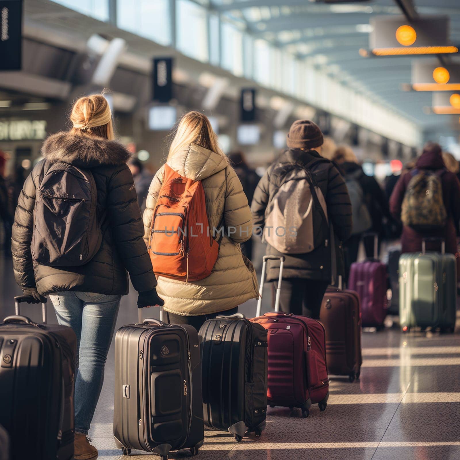 Tourists standing with luggage in queue in the airport terminal. ai generated by Desperada