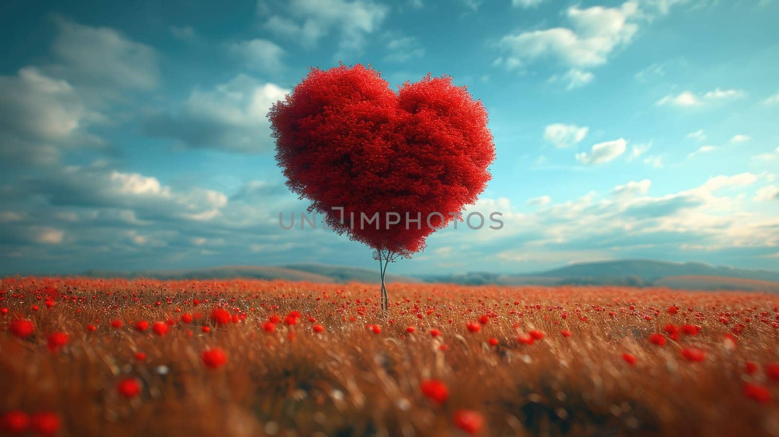 red tree of love in red flower field pragma