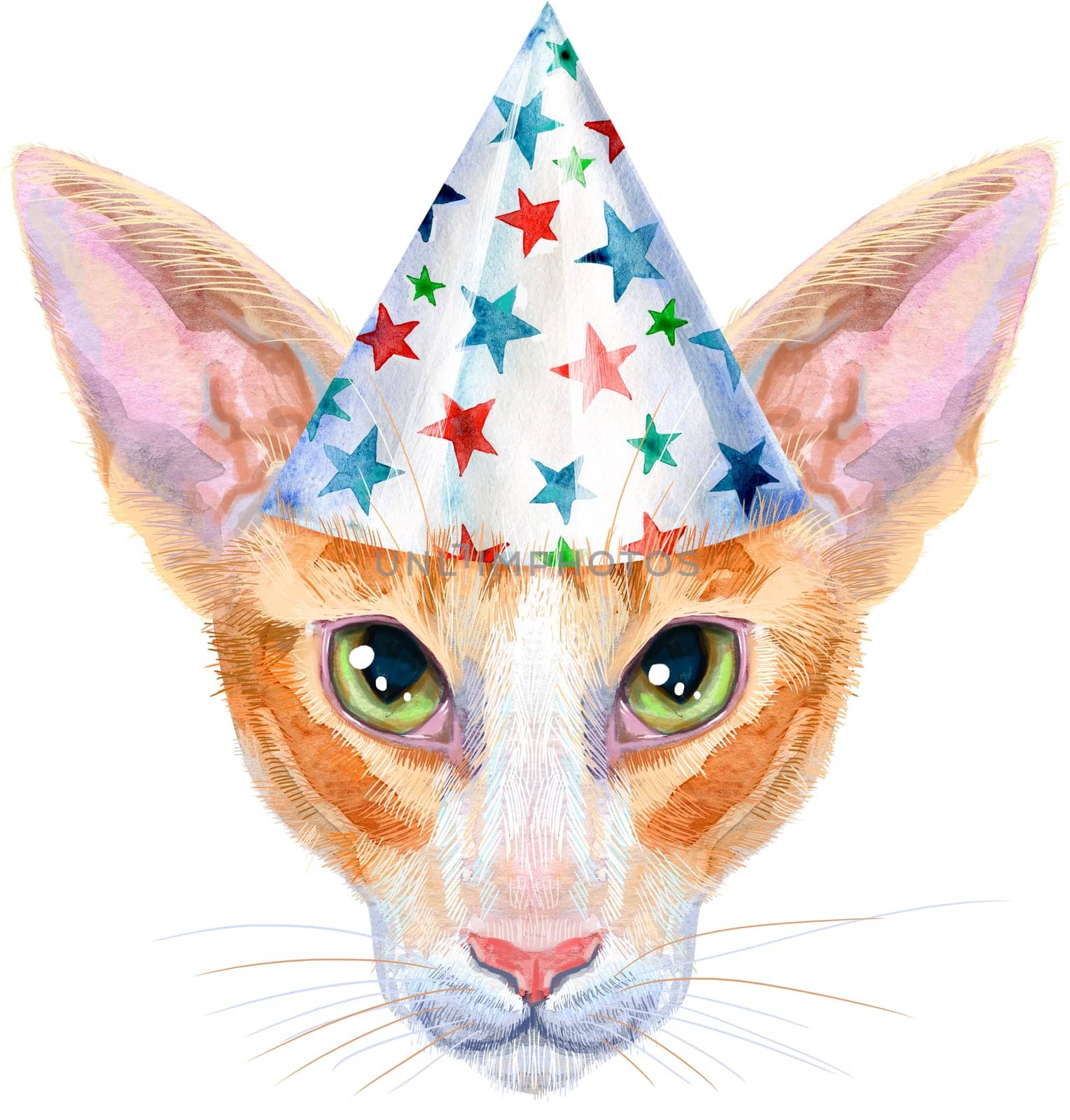 Cute oriental cat in party hat. Cat for t-shirt graphics. Watercolor Somali cat breed illustration
