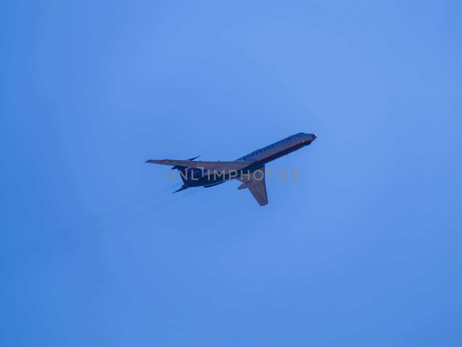 Russia, St. Petersburg - June 24, 2020: Russian military Tu-134 aircraft of the Russian Air Force in flight at the Victory Parade in World War II.