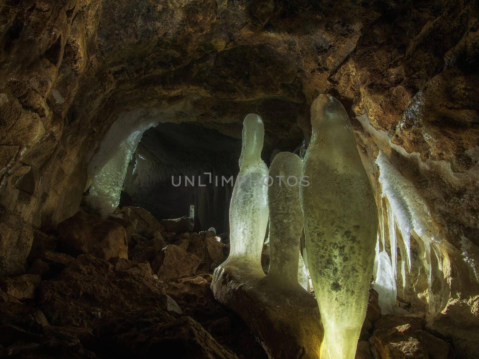 ice stalactites and stalagmites in the cave. Perm, Russia