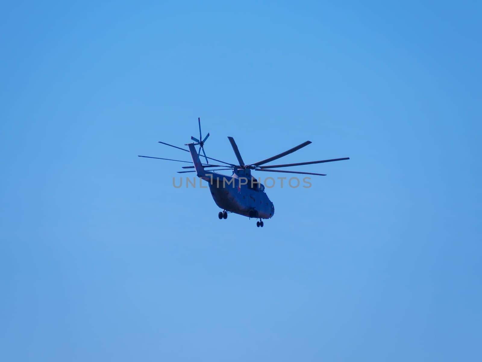 Russia, St. Petersburg - June 24, 2020: Russian transport helicopter Mil Mi-26 RF-06805 of the Russian Air Force in flight at Parade of Victory in World War II.
