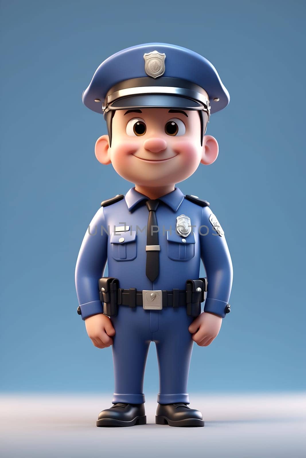 A cartoon police officer confidently stands in front of a vibrant blue background.