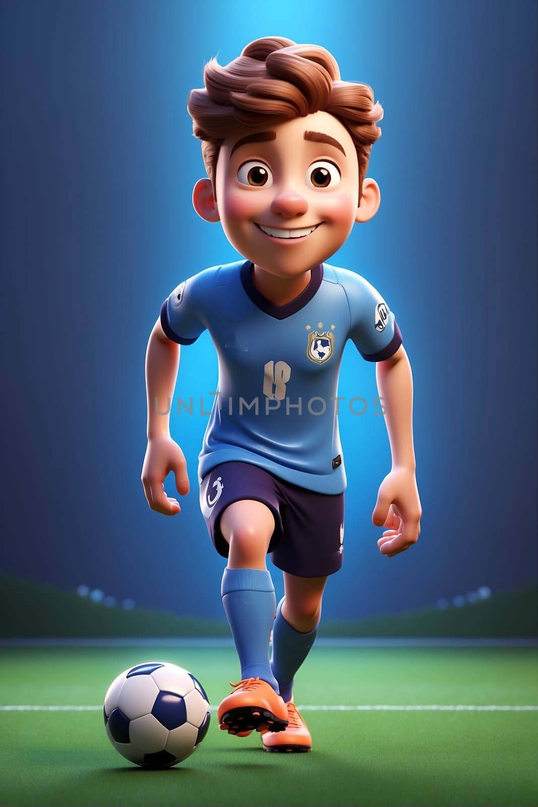 Cartoon Boy Kicking Soccer Ball on Field, Active Sports and Playful Recreation.. Generative AI. by artofphoto