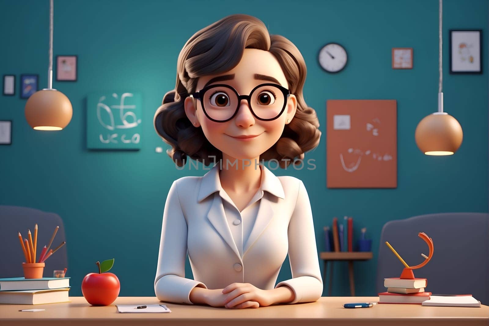 Woman Sitting at Desk With Apple, A Productivity-Focused Workspace. Generative AI. by artofphoto