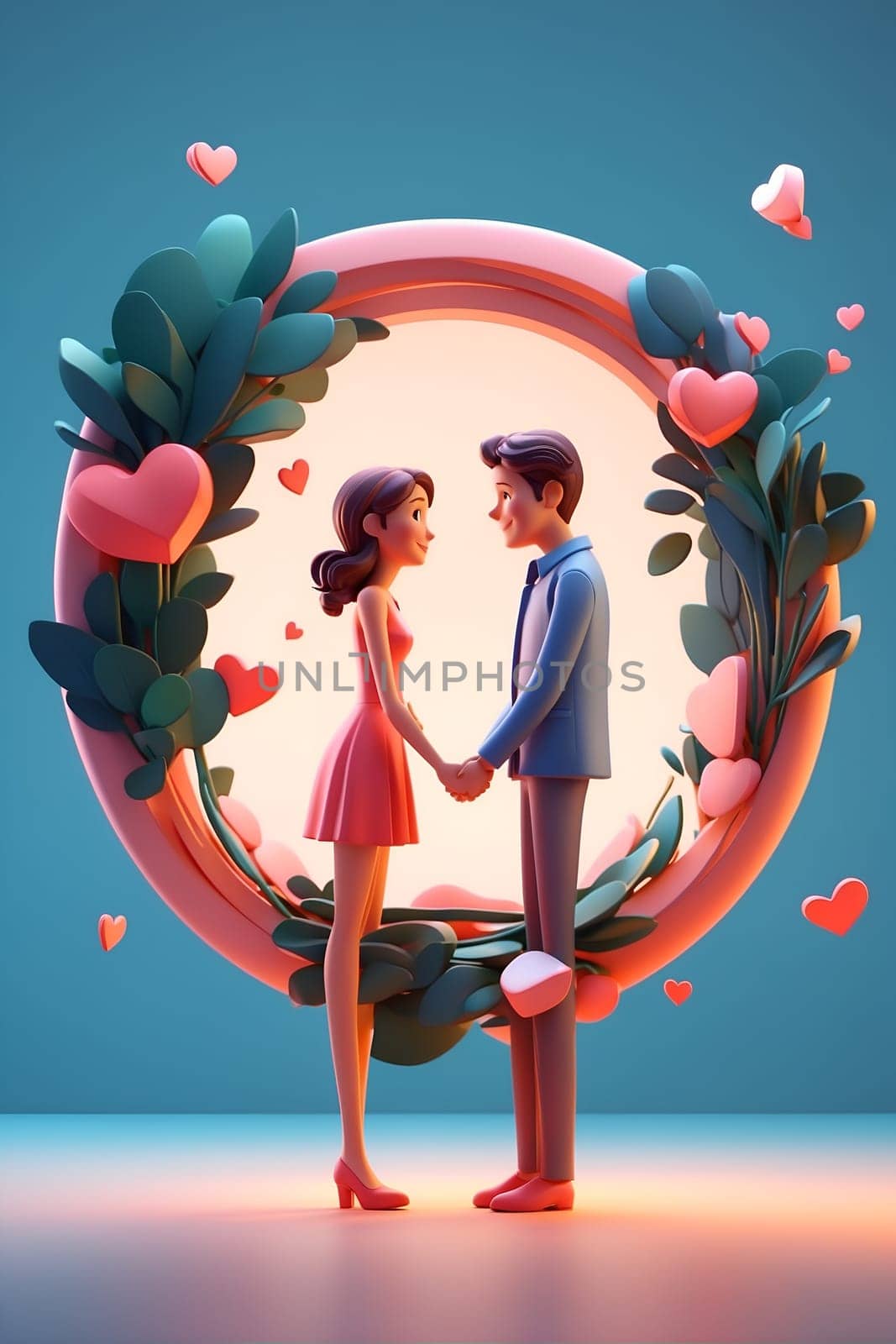 Man and Woman Holding Hands in Front of Circular Frame. Generative AI. by artofphoto