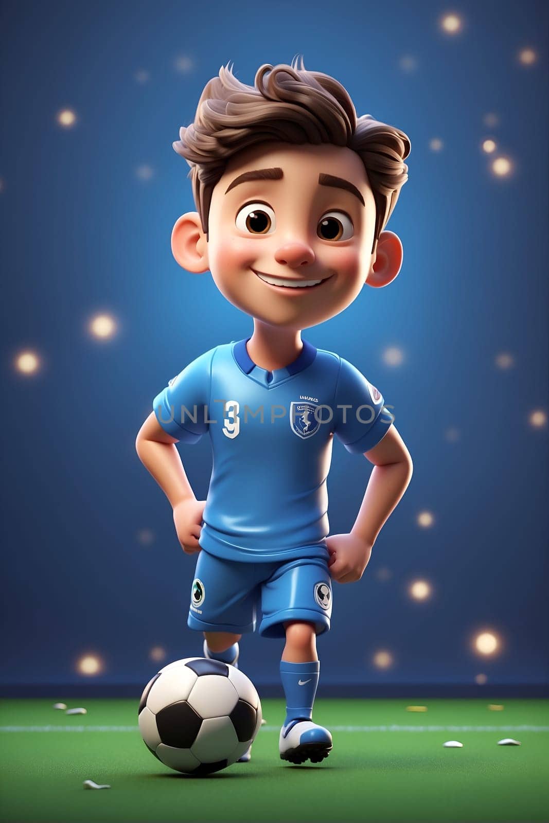 A cartoon boy wearing a blue uniform holds a soccer ball.