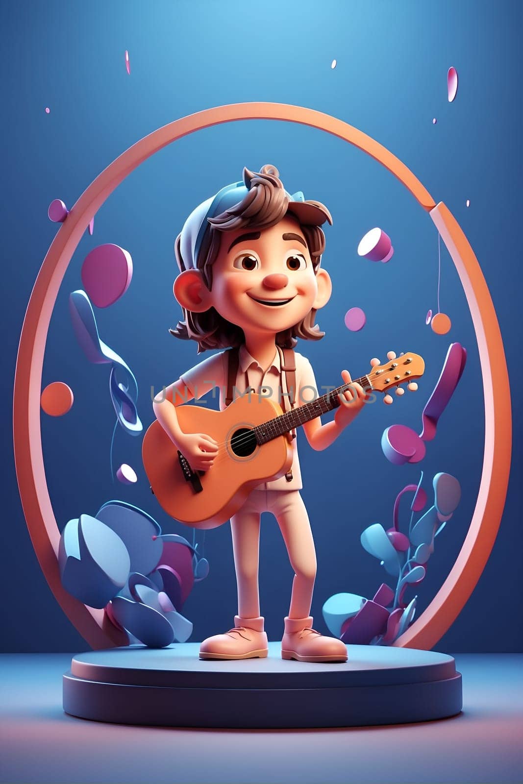 Cartoon Character Holding Guitar in Front of Blue Background. Generative AI. by artofphoto