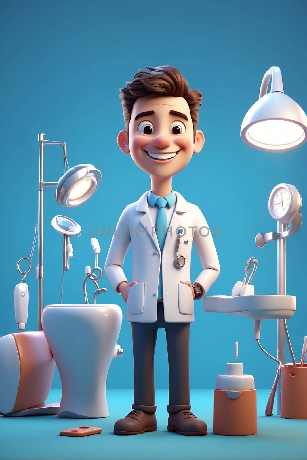 Cartoon Character Standing in Front of Dentists Office. Generative AI. by artofphoto