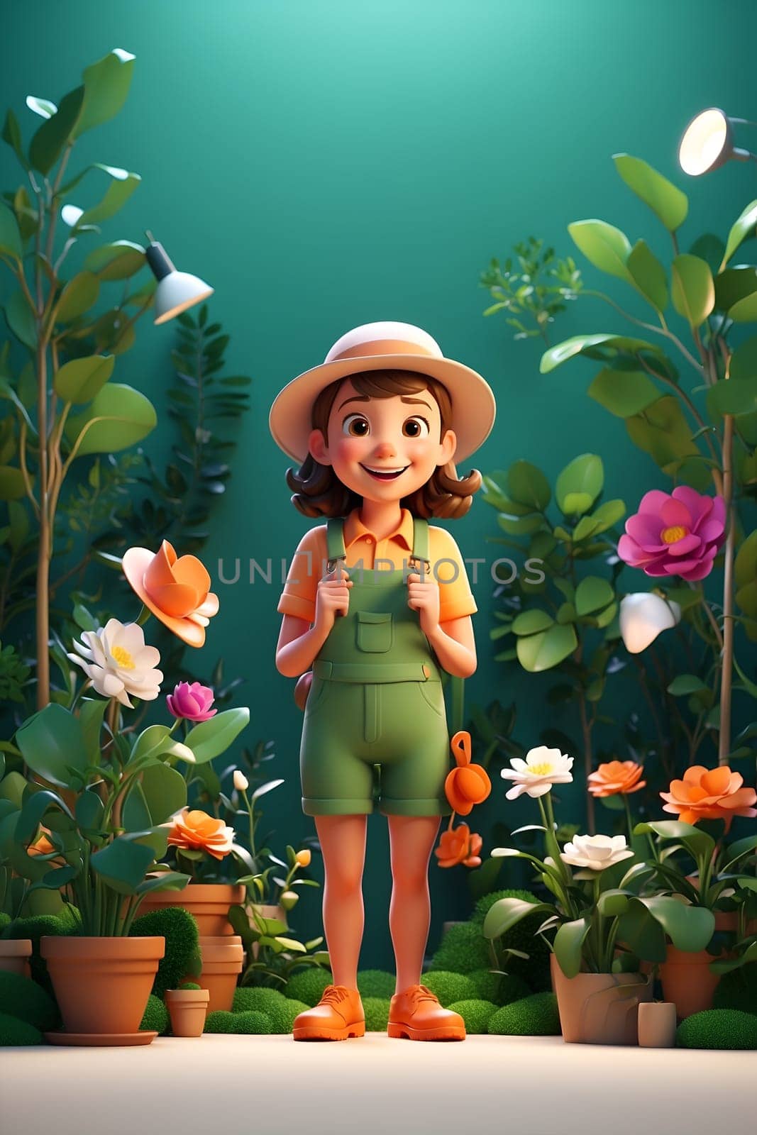 A woman wearing overalls and a hat poses confidently in front of a collection of potted plants.
