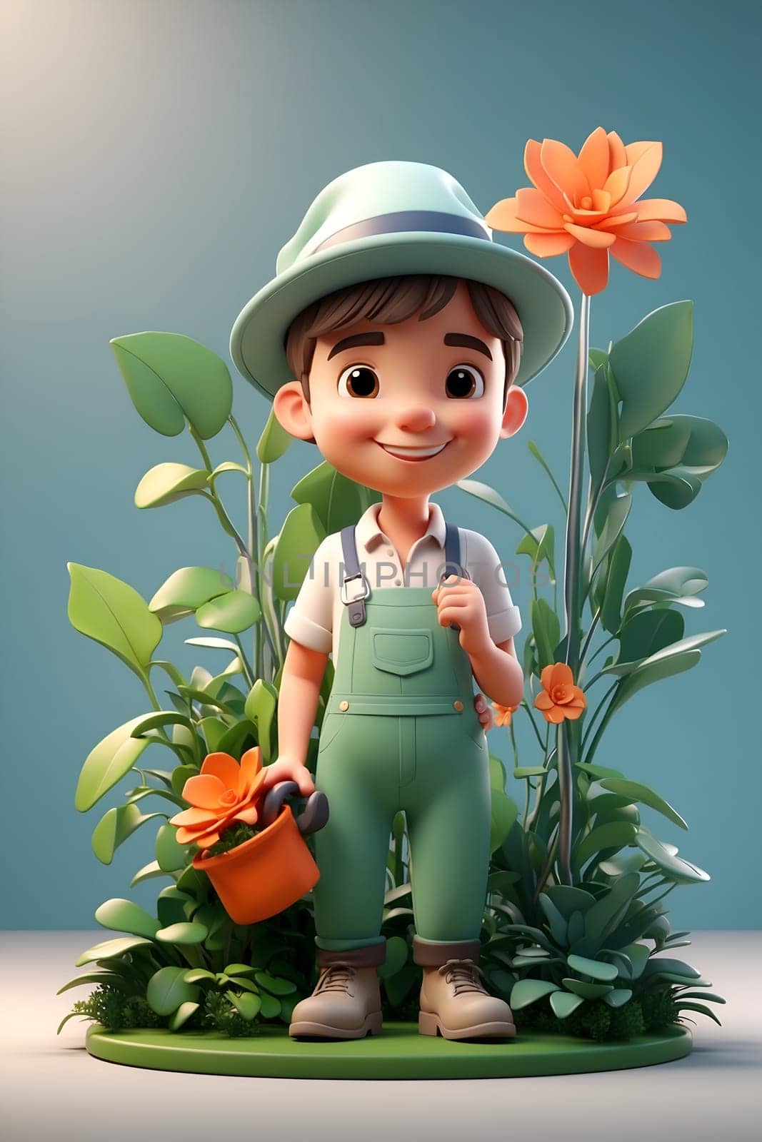 A small boy dressed in overalls and a hat holds onto a watering can, ready to water plants.