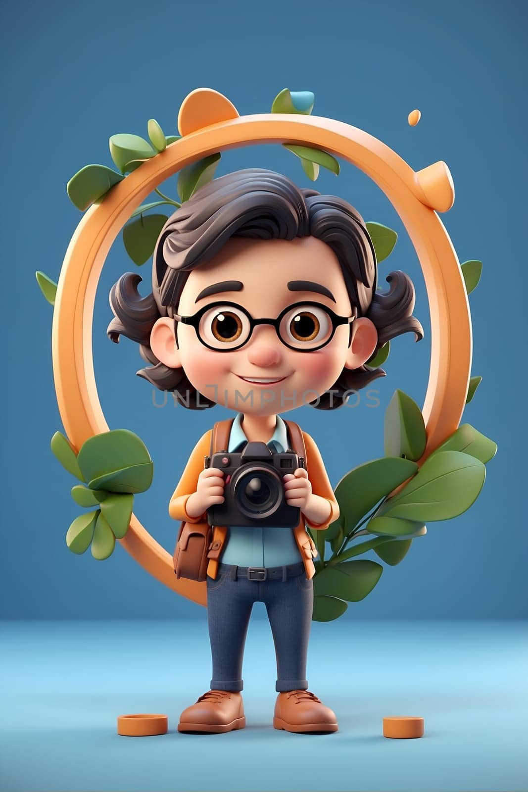 Cartoon Character Holding Camera in Front of Blue Background. Generative AI. by artofphoto