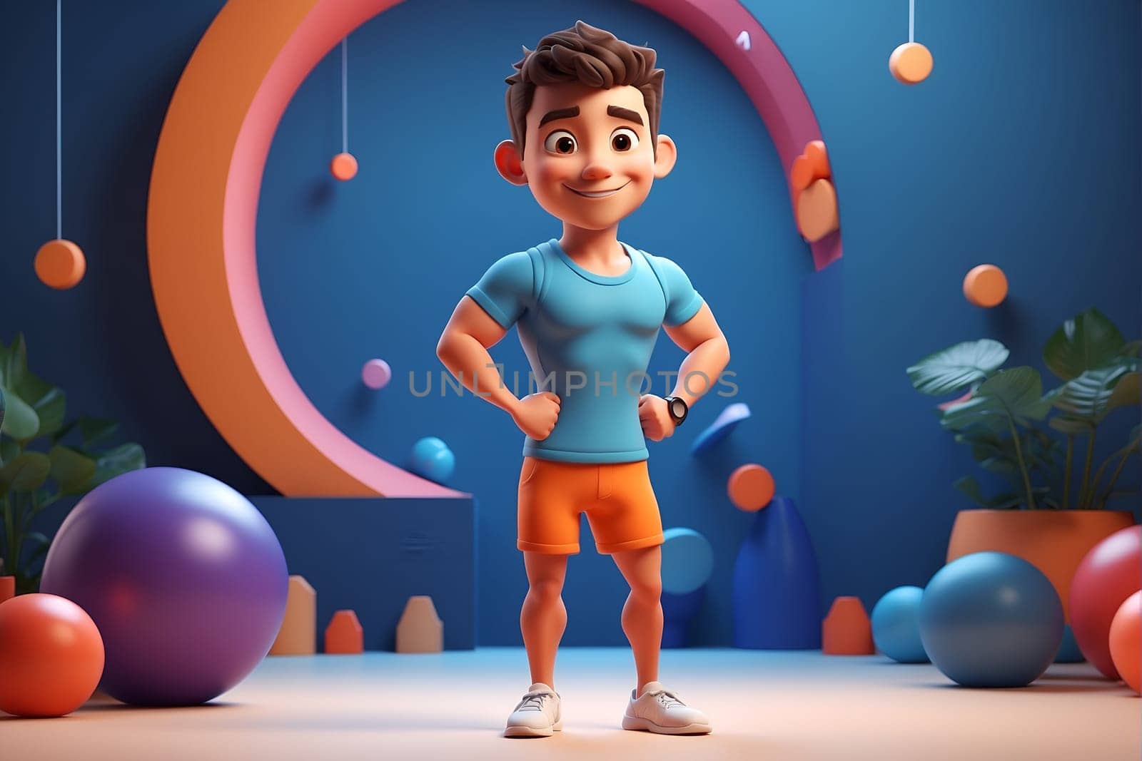 A cartoon character stands against a vibrant blue backdrop.