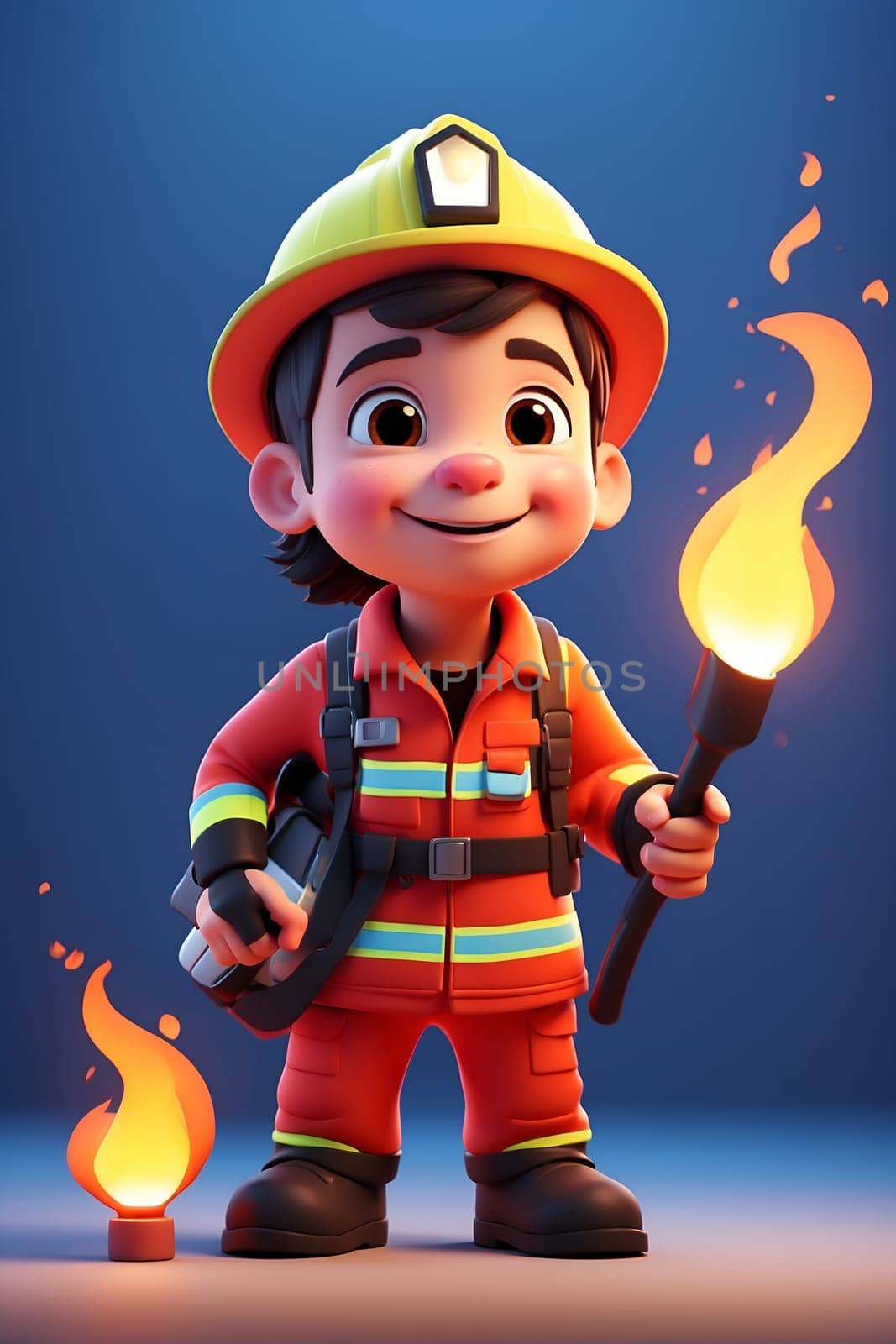 A cartoon fireman equipped with a fire extinguisher is ready to tackle any blaze that comes his way.