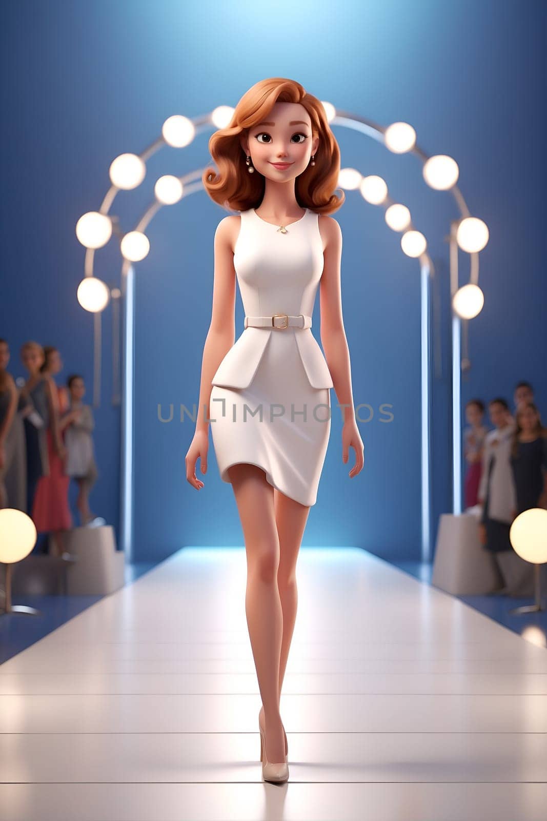 A stunning woman confidently walks down the runway in a white dress.