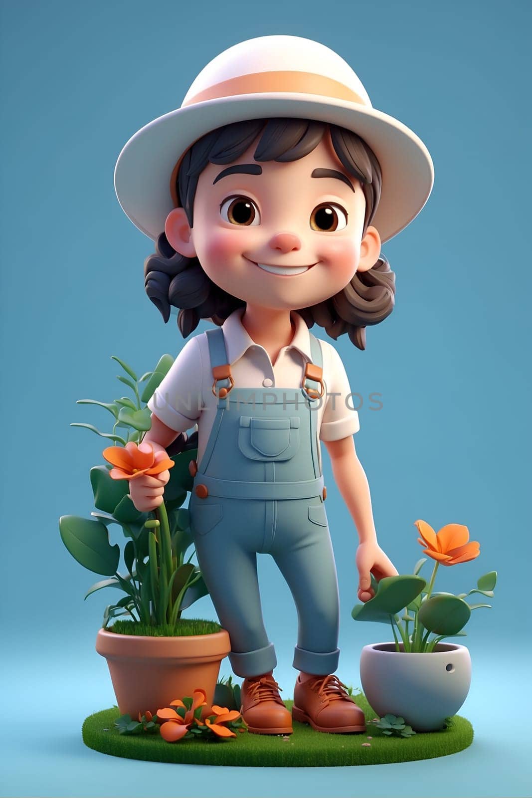 Little Girl Standing Next to Potted Plant. Generative AI. by artofphoto