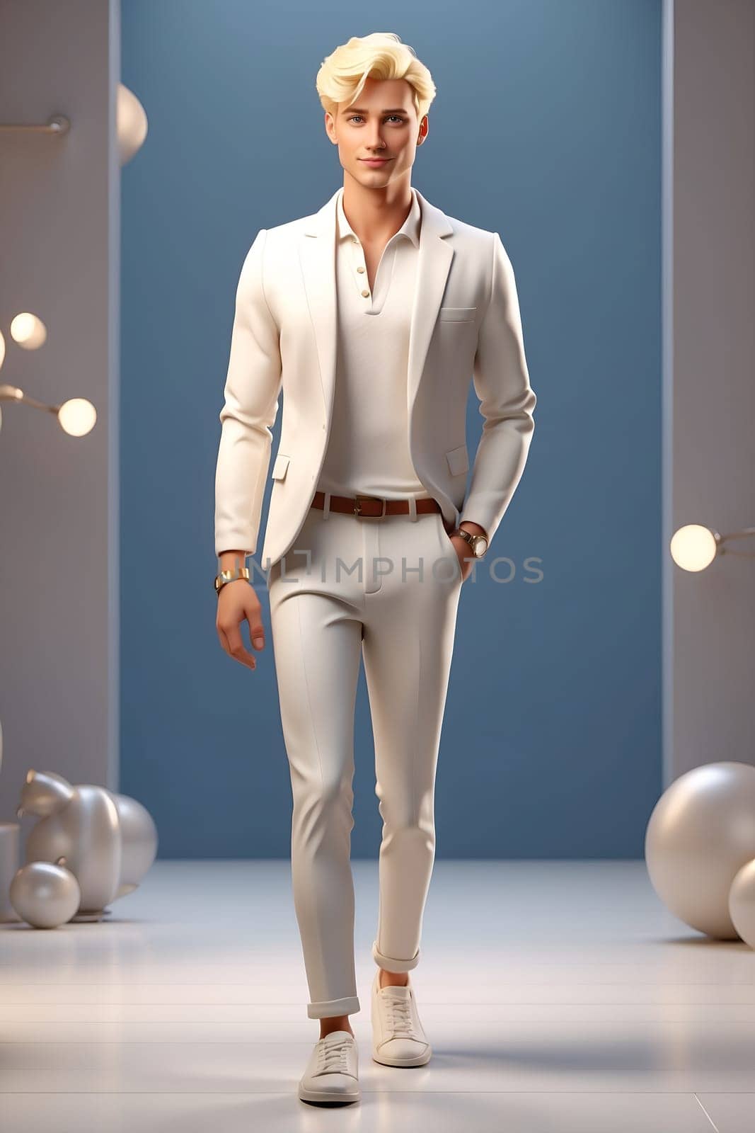 Confident Man in White Suit Walking Down Fashion Runway. Generative AI. by artofphoto