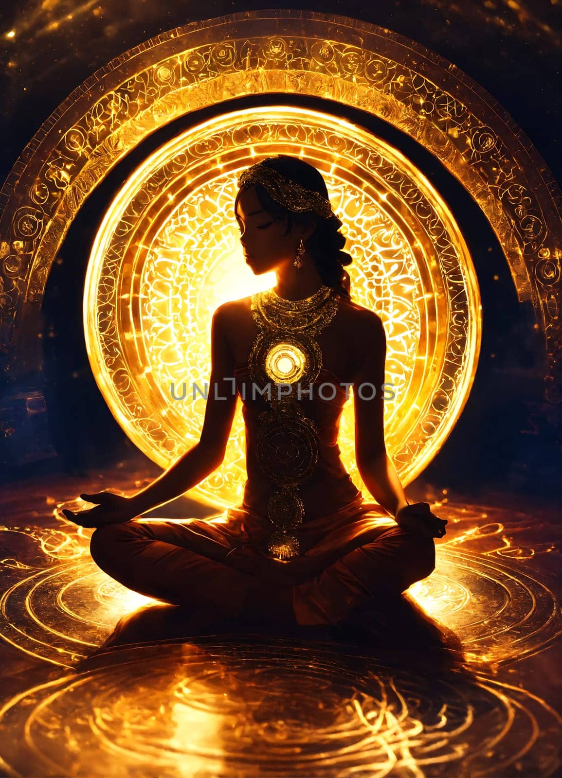 A woman peacefully sits in a lotus position, surrounded by the gentle glow of a circular light.