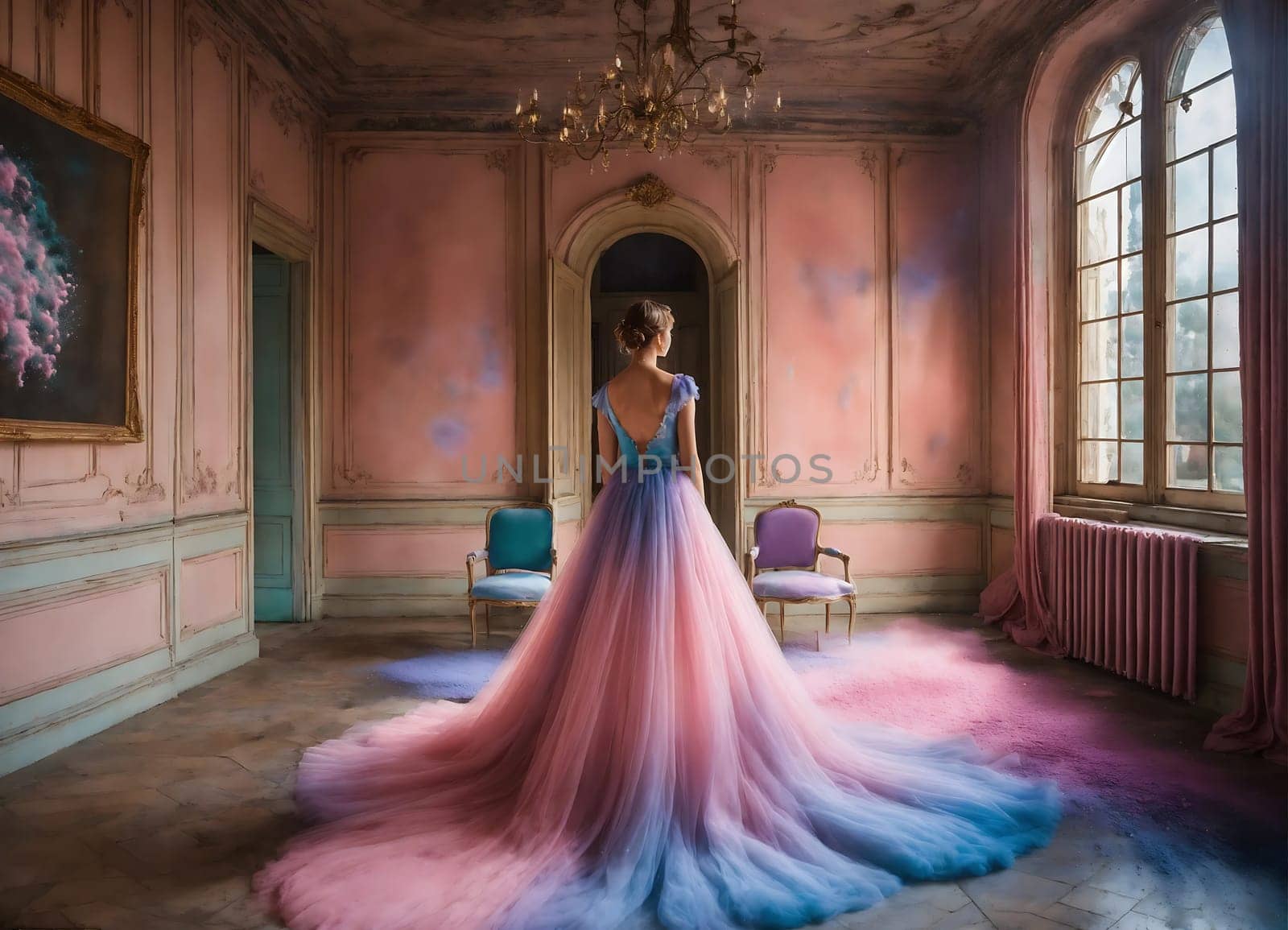 A woman wearing a pink and blue dress stands in a room.