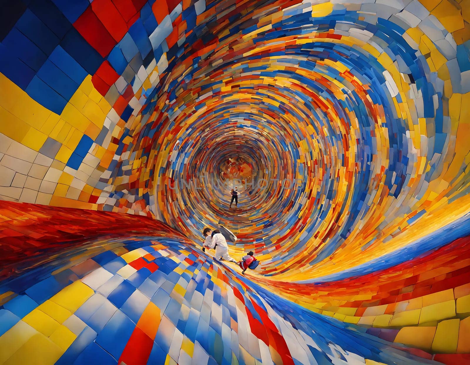A dynamic and captivating painting featuring a person surrounded by a vivid array of colors inside a tunnel.