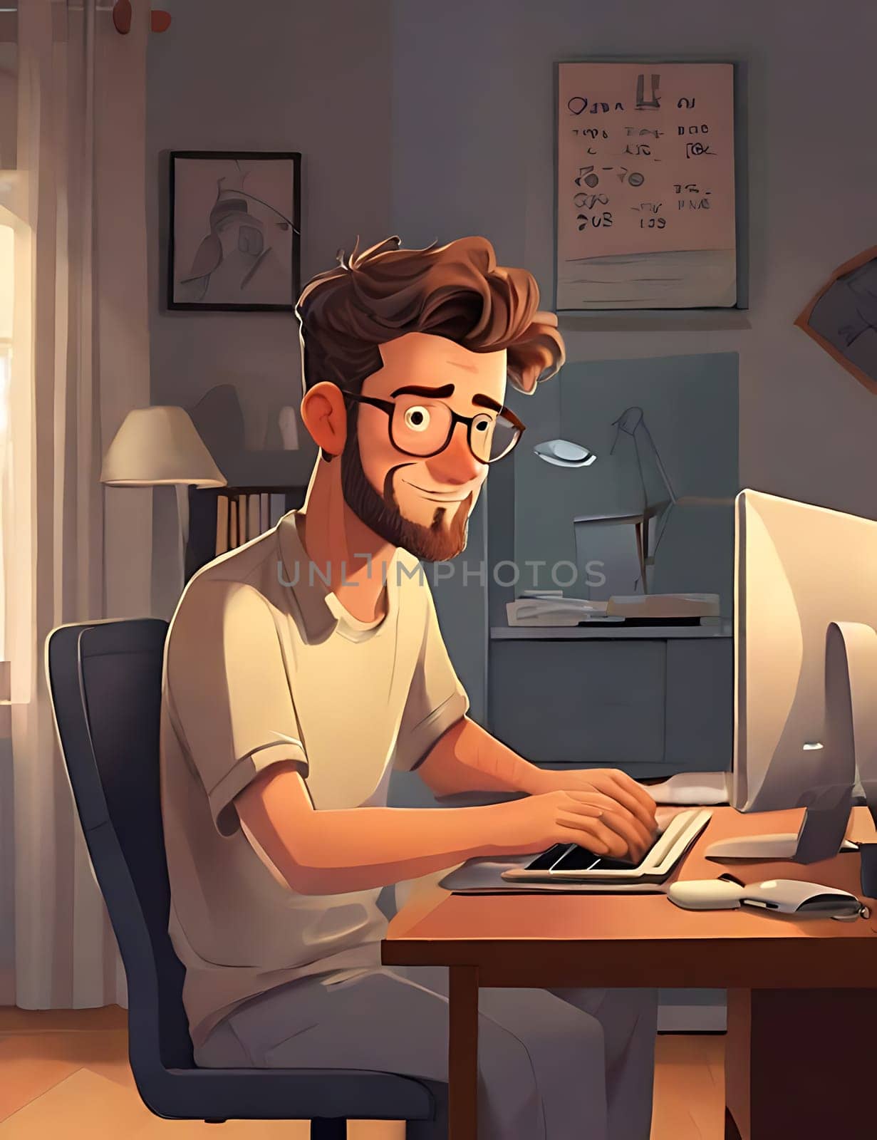 Man Sitting in Front of Computer on Desk, Working. Generative AI. by artofphoto