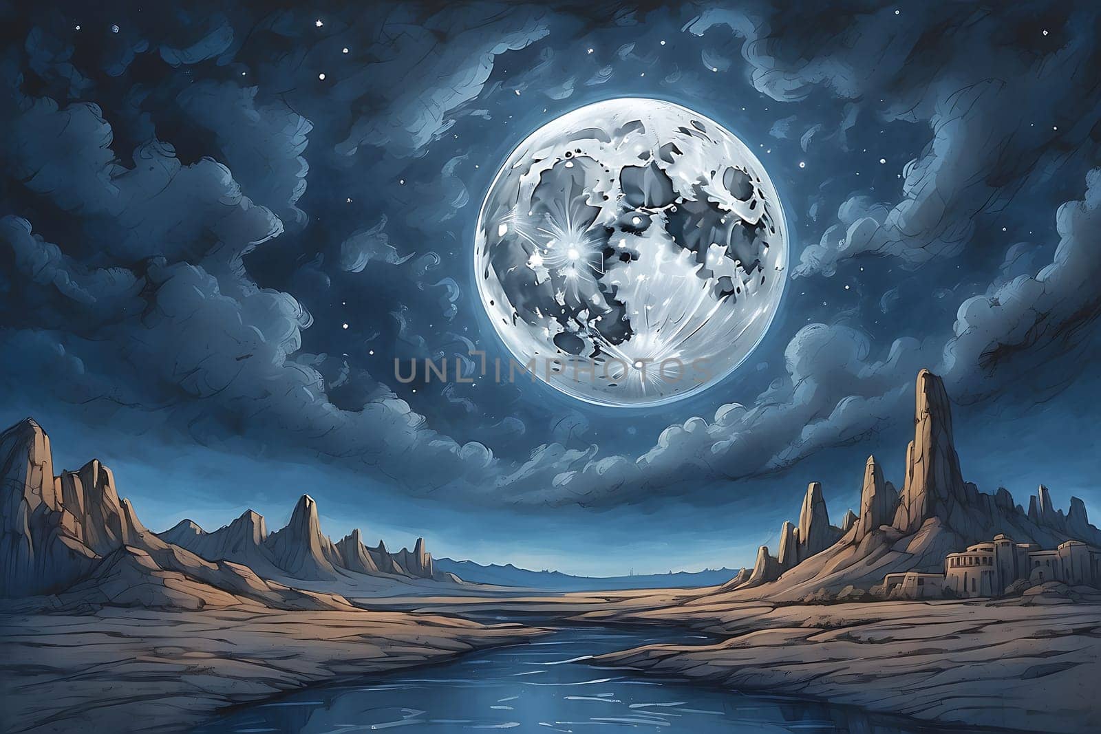 A captivating painting of a full moon shining brilliantly over a serene river, casting a mystical glow.