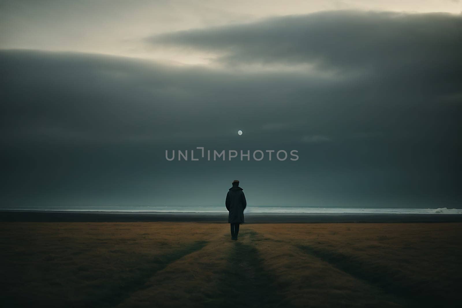 Person Standing on Field With Dark Sky. Generative AI. by artofphoto
