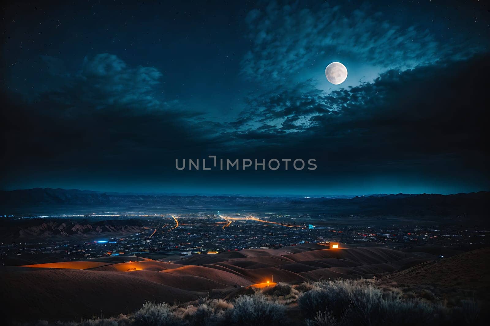 An enchanting view of a city illuminated by the moon, creating a serene and captivating scene.