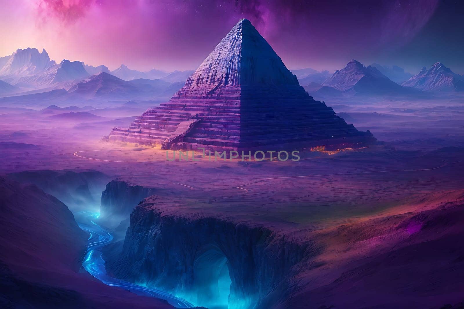 A striking painting capturing the splendor of a pyramid towering over a vast, arid desert.