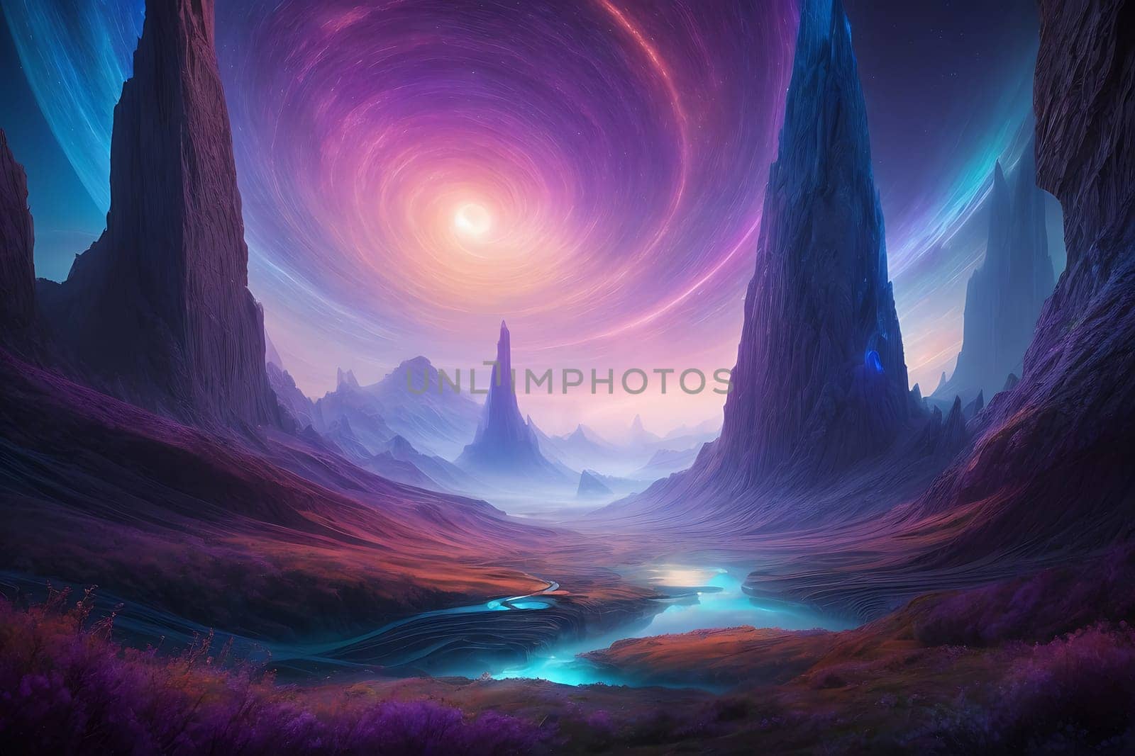 A peaceful and captivating painting that showcases a stunning purple and blue landscape.