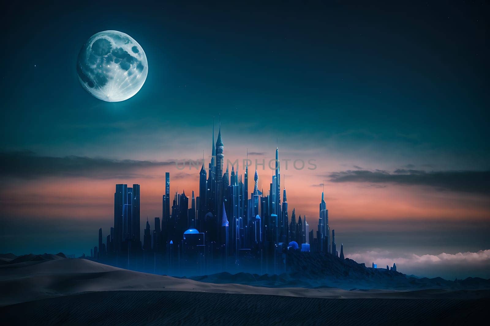 An enchanting castle stands against a backdrop of a luminous full moon in the night sky.
