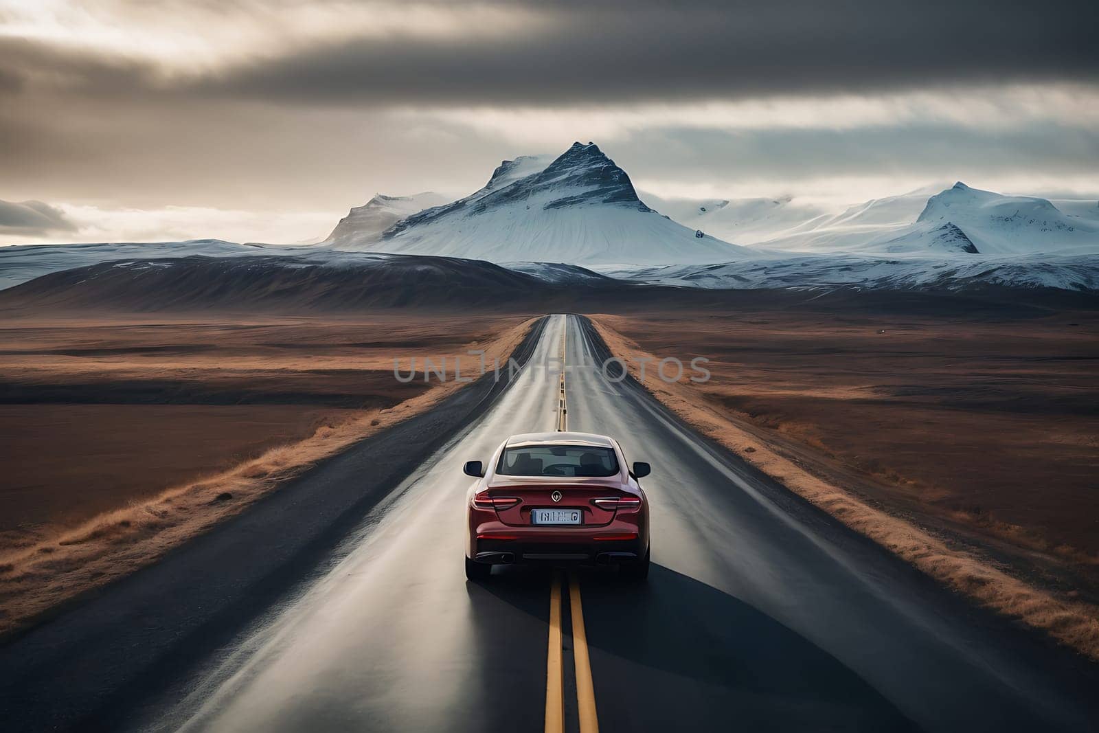 A red car cruises down a winding road, with majestic mountains towering in the distance.