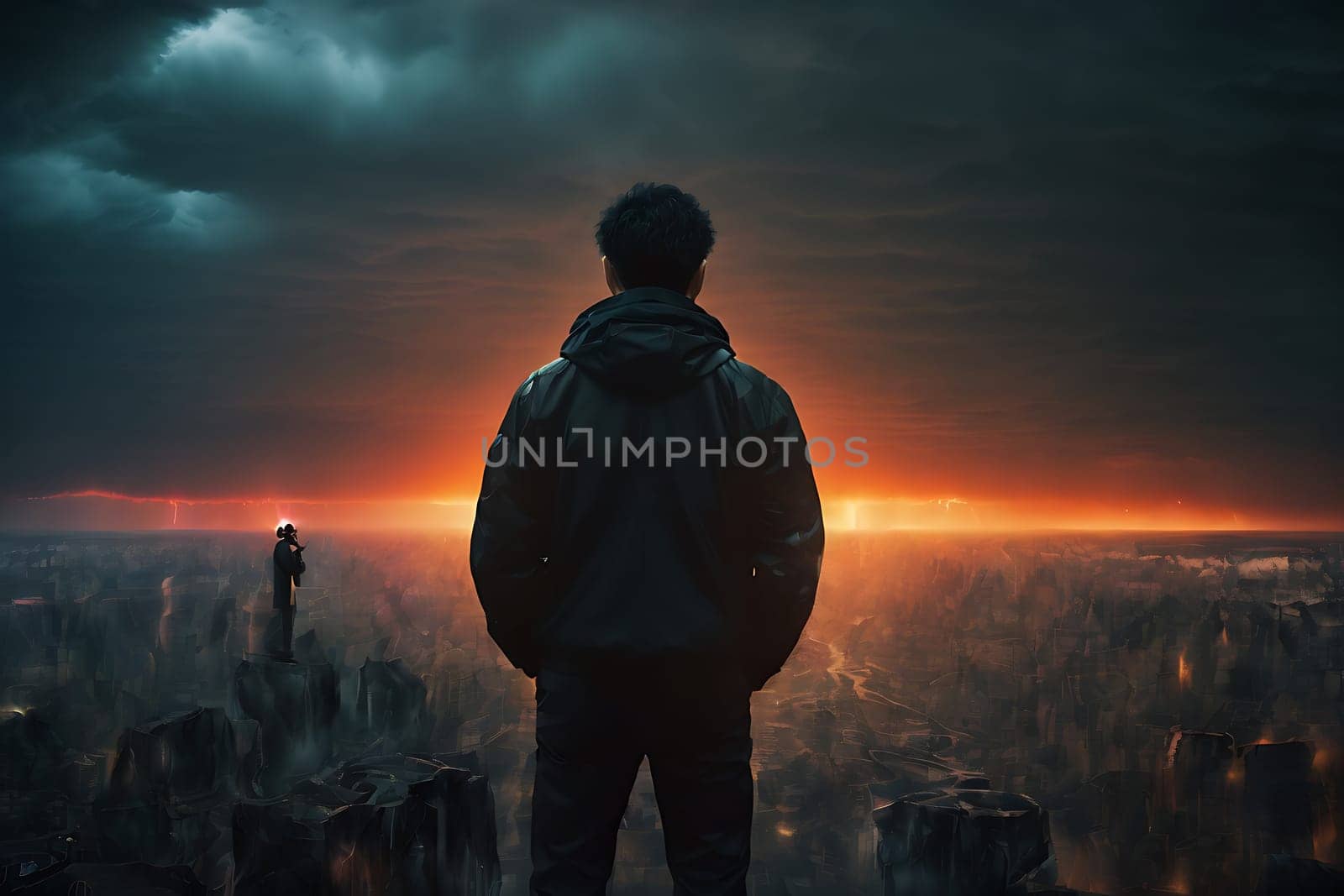 A man stands atop a towering building, gazing at the breathtaking city below with a panoramic skyline backdrop.