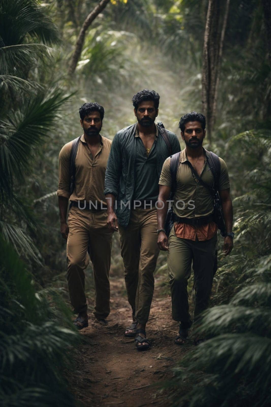 Three men, dressed in hiking gear, navigate through the lush and untamed jungle terrain.