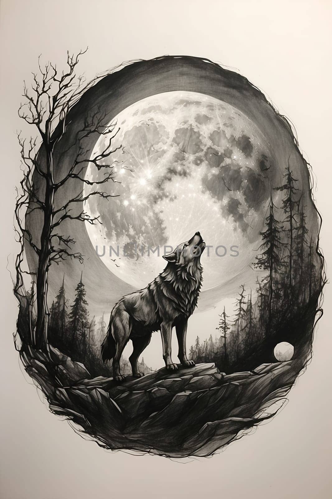 A stunning hand-drawn image of a powerful wolf standing proudly in front of a radiant full moon.