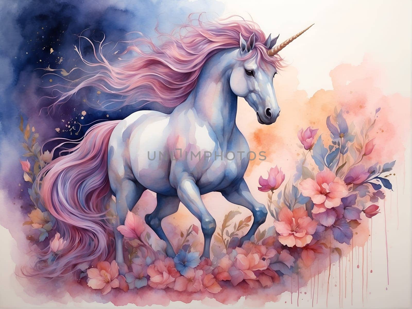 Unicorn Running Through Field of Flowers, Colorful Painting Depicting Mythical Creature in Nature. Generative AI. by artofphoto