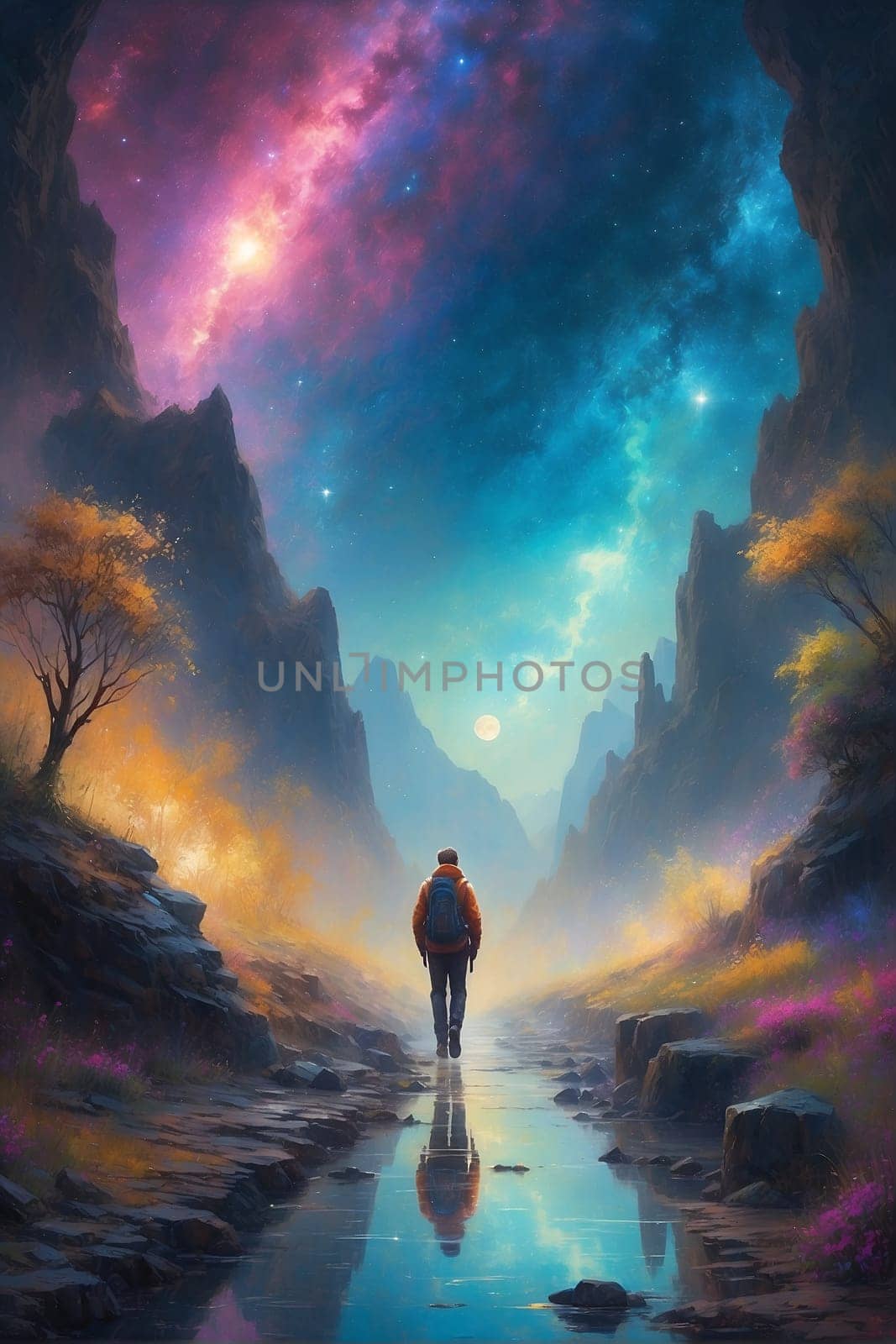 Painting of Person Walking Down a Path. Generative AI. by artofphoto