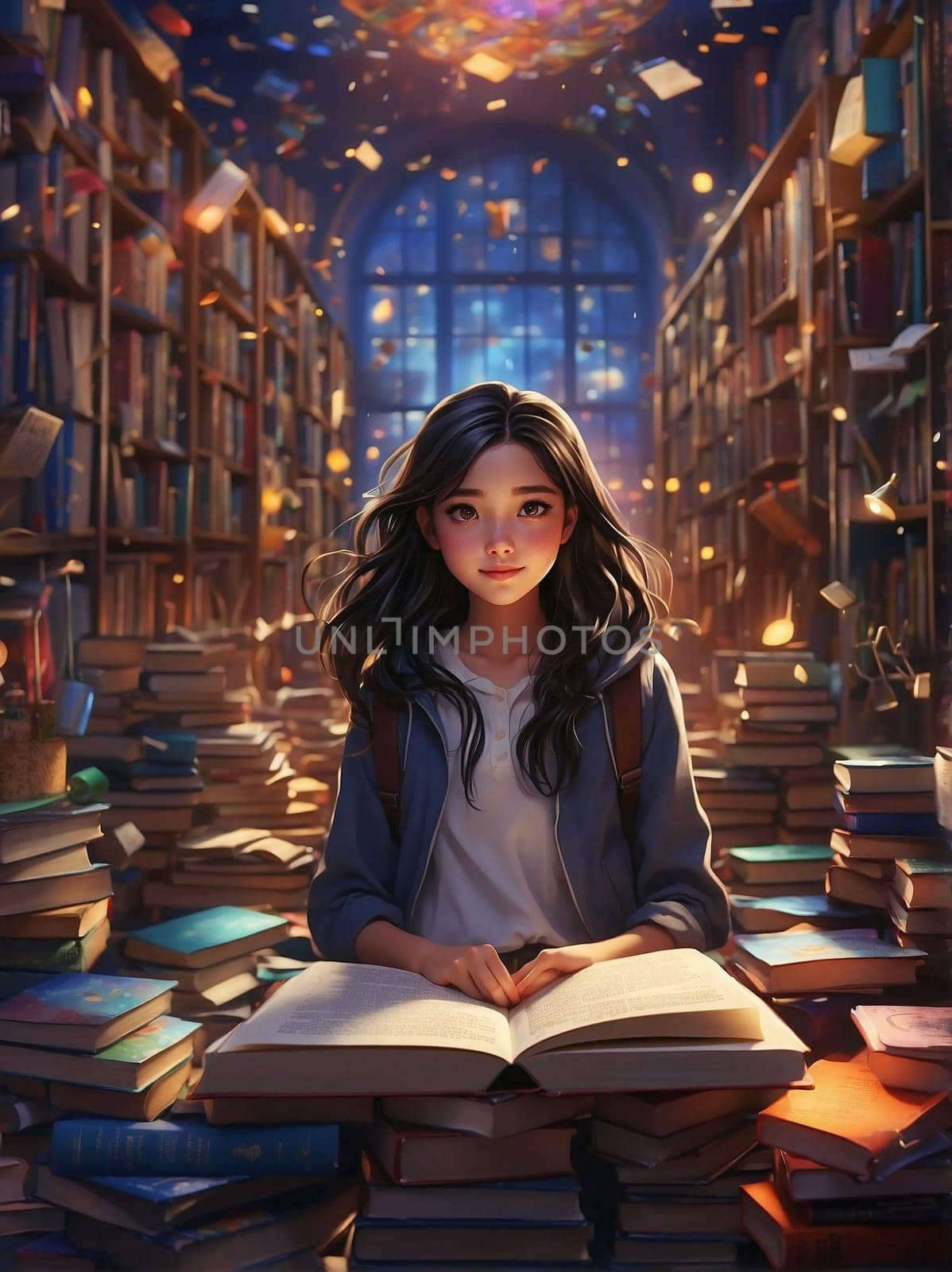A girl sits on a pile of books in a peaceful library, engrossed in studying and expanding her knowledge.