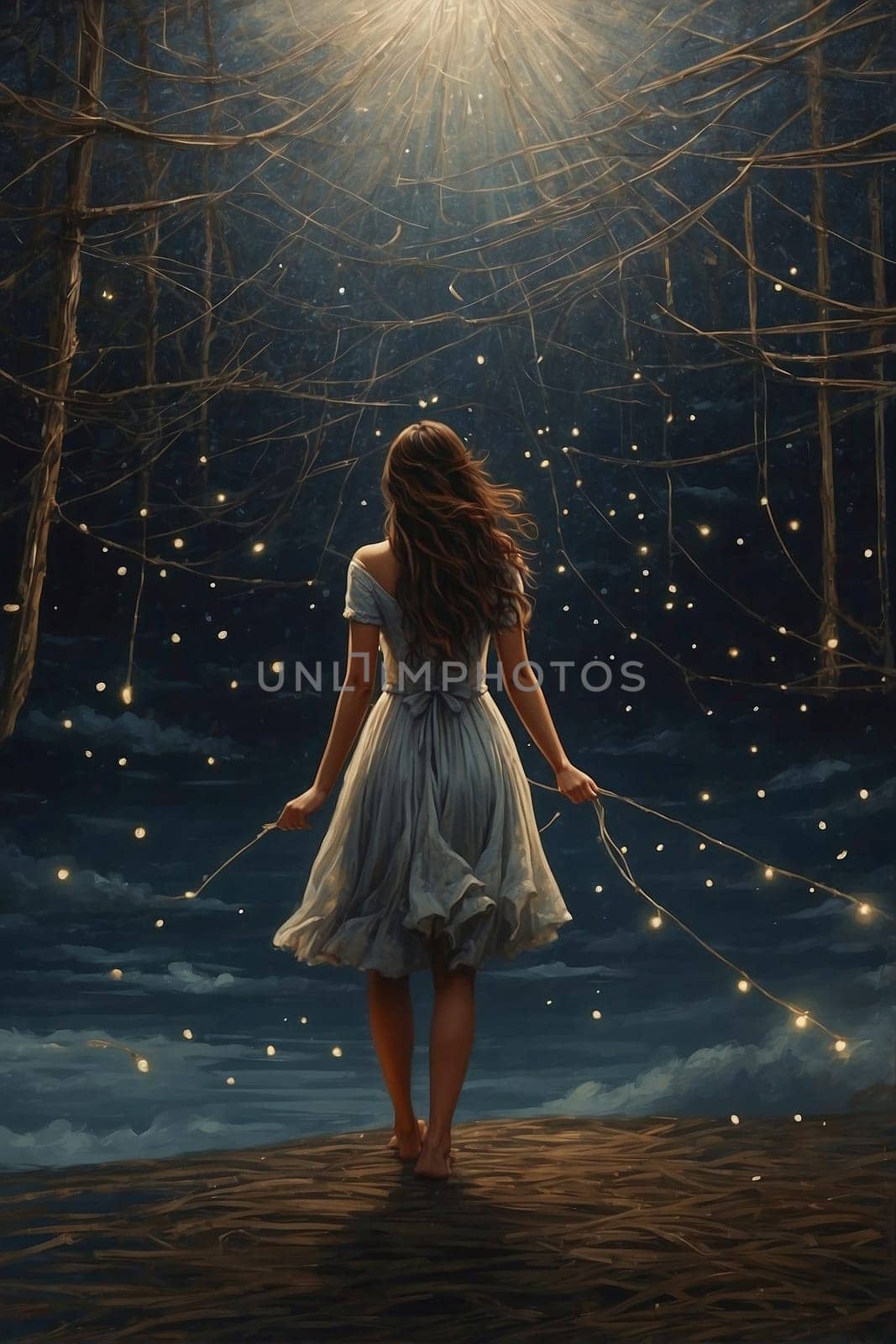 Girl Walking in the Woods, A Serene Painting Capturing the Beauty of Nature. Generative AI. by artofphoto
