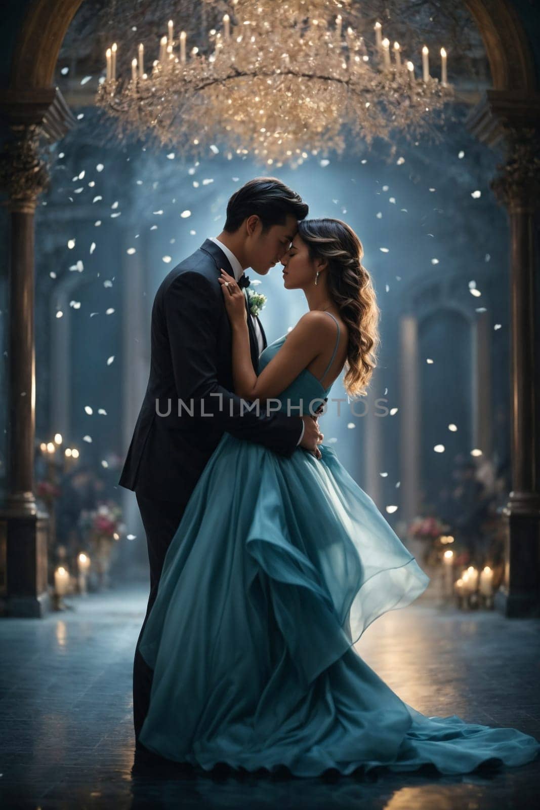 Man and Woman in Blue Dress Standing in Front of Chandelier. Generative AI. by artofphoto