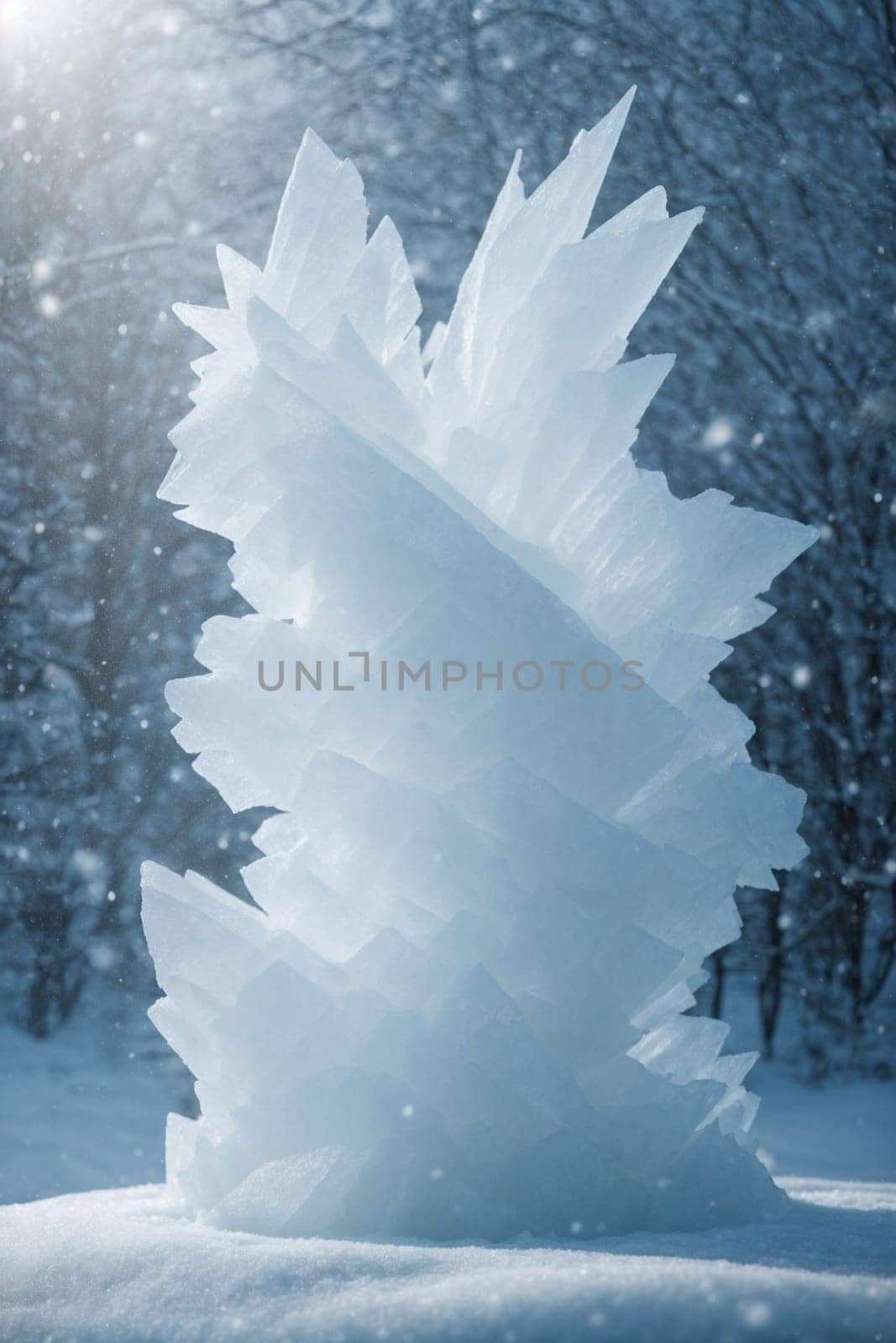 A stunning ice sculpture, towering amidst the snowy trees, creates a breathtaking scene in the serene forest.
