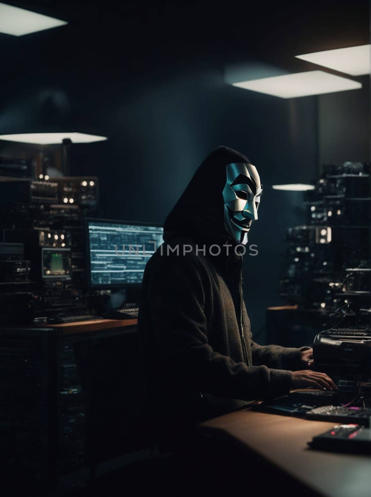 A man wearing a mask sits at a desk in front of a computer.