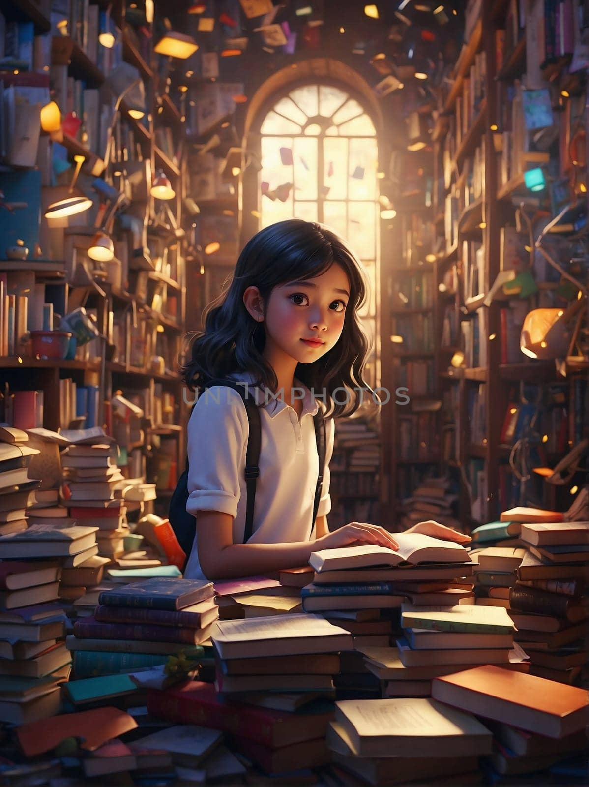 Young Girl Sitting at Table Surrounded by Books for Reading and Learning. Generative AI. by artofphoto